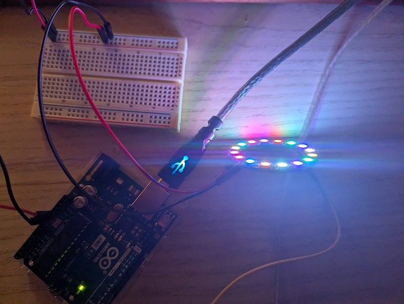 Photo of the first time the neoPixel is initialized. Here, I am plugging in the neoPixel lights and using check to see how it works. On seeing it turn on, I was filled with satisfaction as I found this a daunting task. The more I used them however, the more acustomed to the environment I got