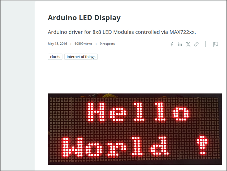 Photo of a project page for Arduino Dispalys. When looking a bit deeper into displays, I found this project on Arduino Project Hub. This page provides all the code used, and includes short preview videos on the results, with simple and mixed scrolling text. Seeing this inspires me and drives me to experiment with something similar.<a href'https://projecthub.arduino.cc/miklas/arduino-led-display-10801c' target='_blank'><p>Link to an Arduino LED Display tutorial by miklas</p></a>