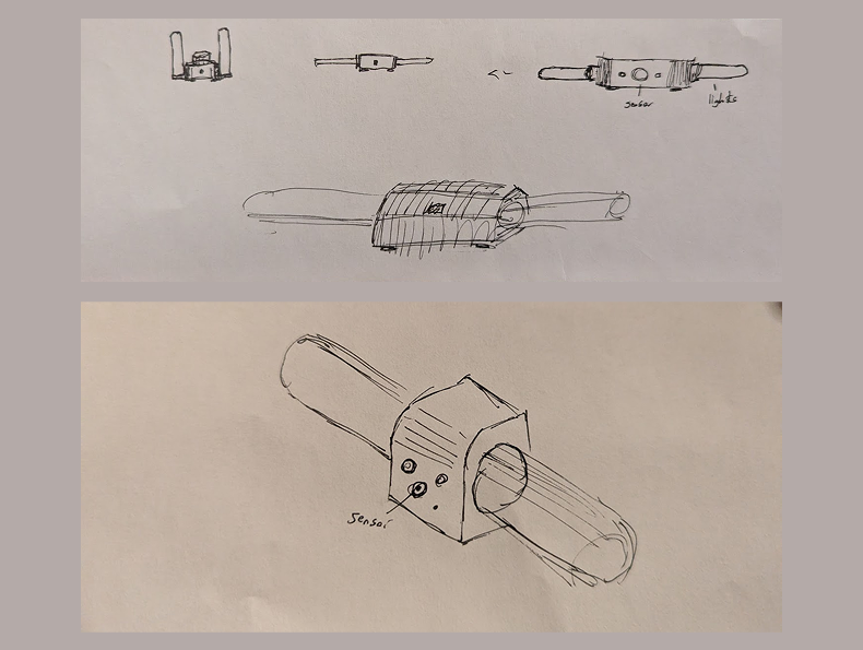 2 photos of 2 new conceptual drawings in preperation of creating the final prototype. After the cardboard prototype, I knew what I wanted to encorperate into the next prototype, so created a few sketches keeping in mind how cardboard / wood can be flexed and shaped <a href='https://www.youtube.com/watch?v=An7JA5Z2EuQ' target='_blank'><p>APDS 9960 video</p></a>